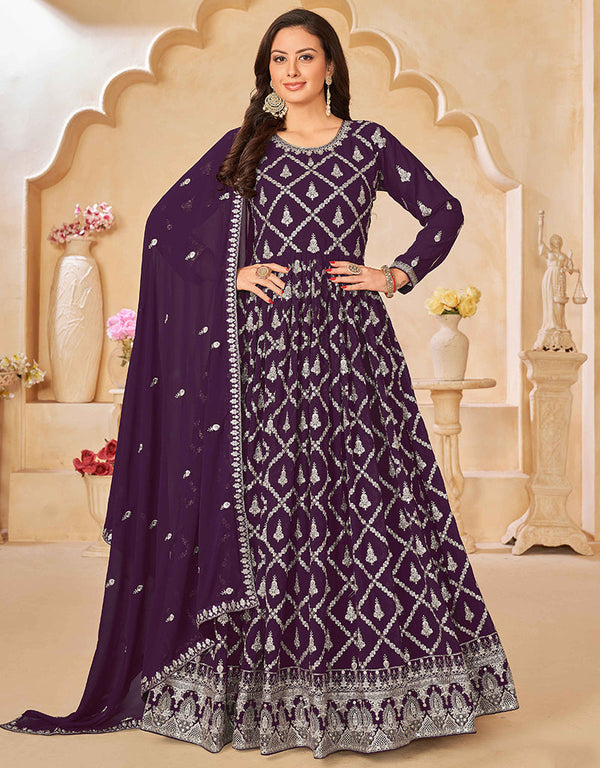 Traditional Function Wear Heavy Faux Georgette Salwar Suit Collection Purple Faux Georgette Pant Anarkali Front View