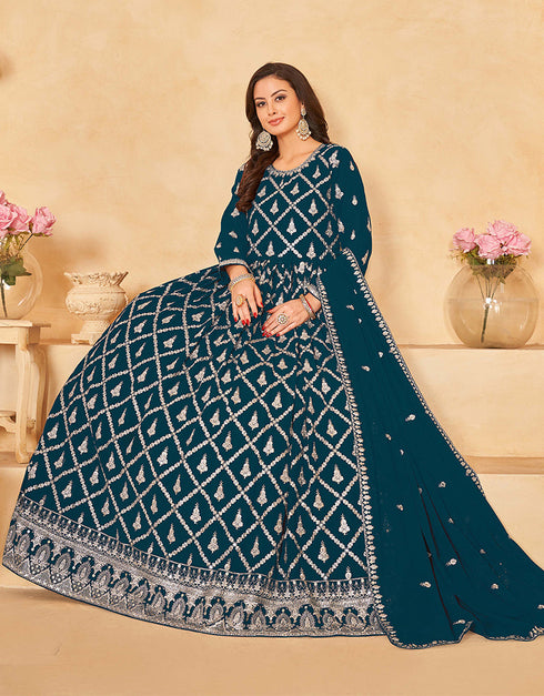 Traditional Function Wear Heavy Faux Georgette Salwar Suit Collection Teal Faux Georgette Pant Anarkali Close-up View