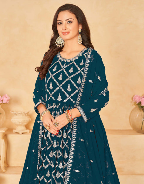 Traditional Function Wear Heavy Faux Georgette Salwar Suit Collection Teal Faux Georgette Pant Anarkali Back View