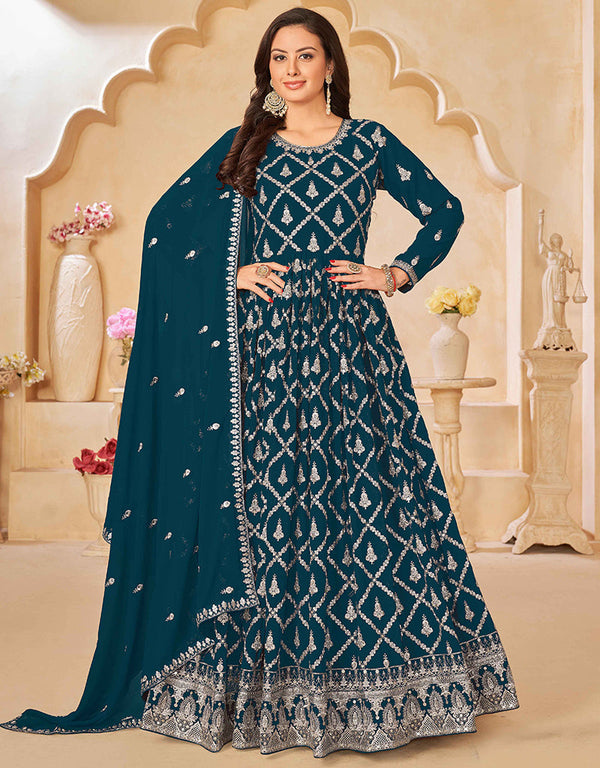 Traditional Function Wear Heavy Faux Georgette Salwar Suit Collection Teal Faux Georgette Pant Anarkali Front View
