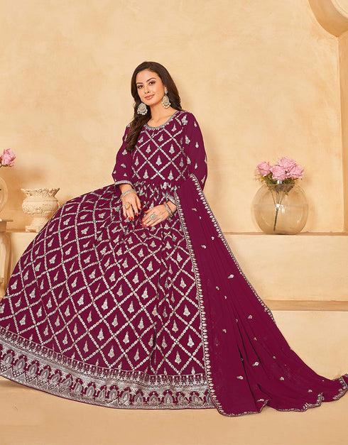 Traditional Function Wear Heavy Faux Georgette Salwar Suit Collection Maroon Faux Georgette Pant Anarkali Close-up View