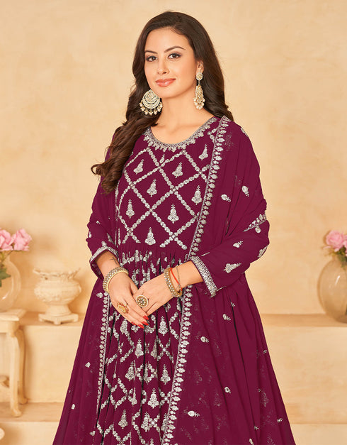 Traditional Function Wear Heavy Faux Georgette Salwar Suit Collection Maroon Faux Georgette Pant Anarkali Back View