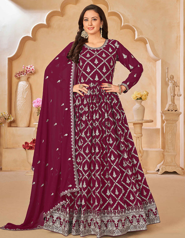 Traditional Function Wear Heavy Faux Georgette Salwar Suit Collection Maroon Faux Georgette Pant Anarkali Front View