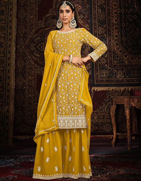Traditional Function Wear Heavy Faux Georgette Salwar Suit Collection Mustard Faux Georgette Pant Straight Front View