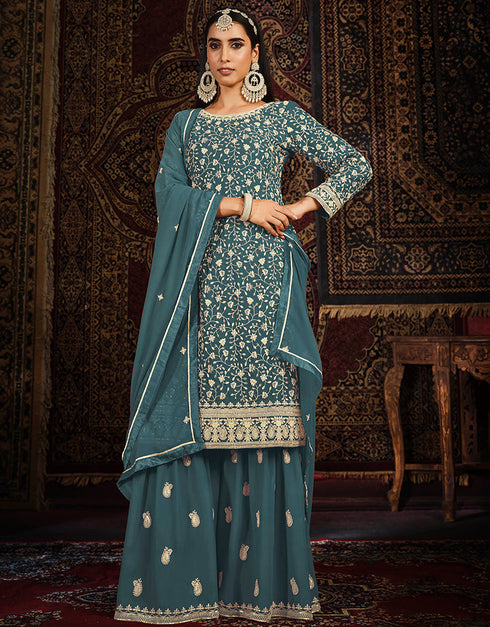 Traditional Function Wear Heavy Faux Georgette Salwar Suit Collection Teal Faux Georgette Pant Straight Front View