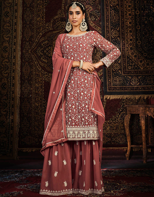 Traditional Function Wear Heavy Faux Georgette Salwar Suit Collection Peach Faux Georgette Pant Straight Front View