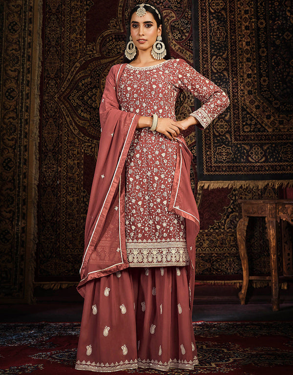 Traditional Function Wear Heavy Faux Georgette Salwar Suit Collection Peach Faux Georgette Pant Straight Front View