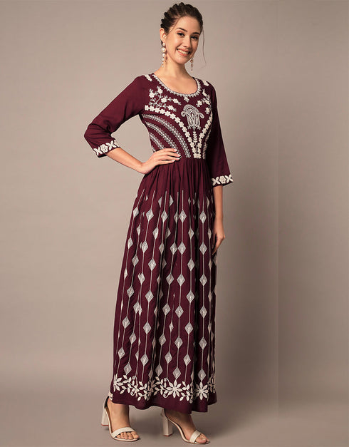 Traditional Function Wear Heavy Rayon Readymade Suit Collection Maroon Rayon Pant Straight Back View