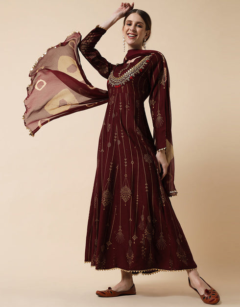 Traditional Function Wear Heavy Rayon Readymade Gown Collection Maroon Rayon Gown Close-up View