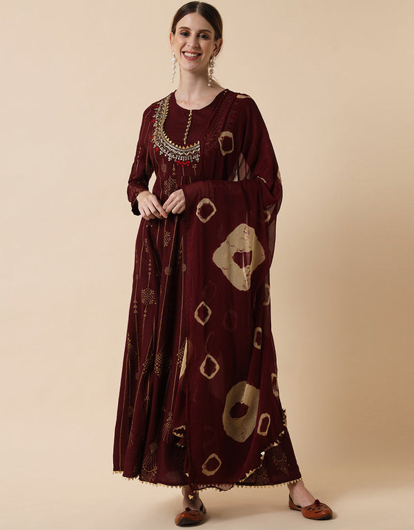 Traditional Function Wear Heavy Rayon Readymade Gown Collection Maroon Rayon Gown Front View