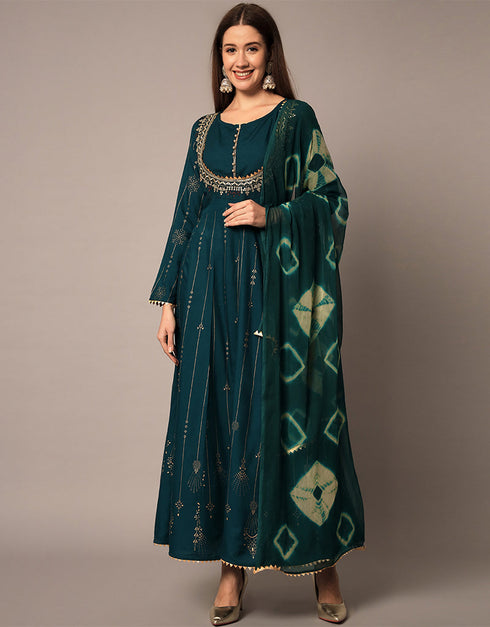 Traditional Function Wear Heavy Rayon Readymade Gown Collection Teal Rayon Gown Front View