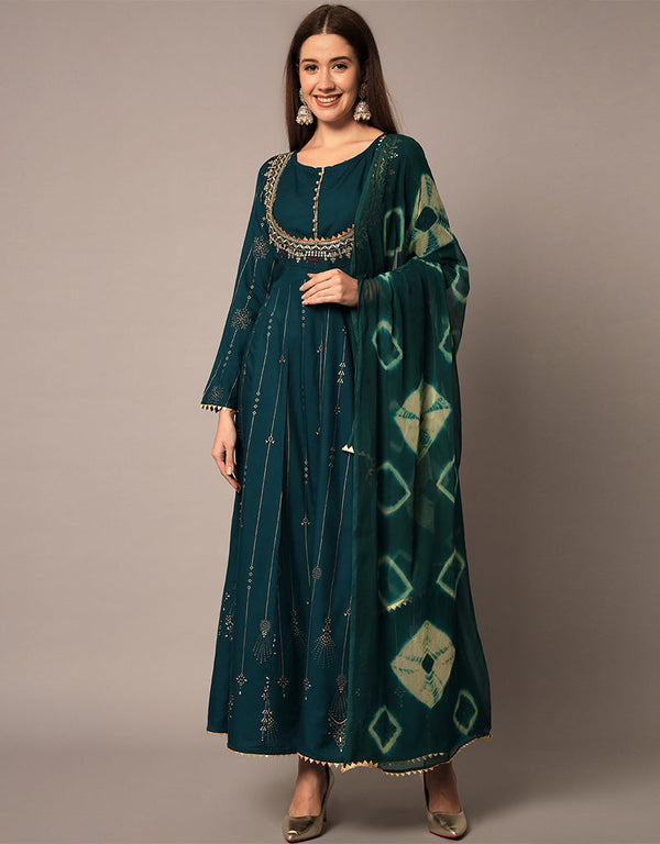Traditional Function Wear Heavy Rayon Readymade Gown Collection Teal Rayon Gown Front View