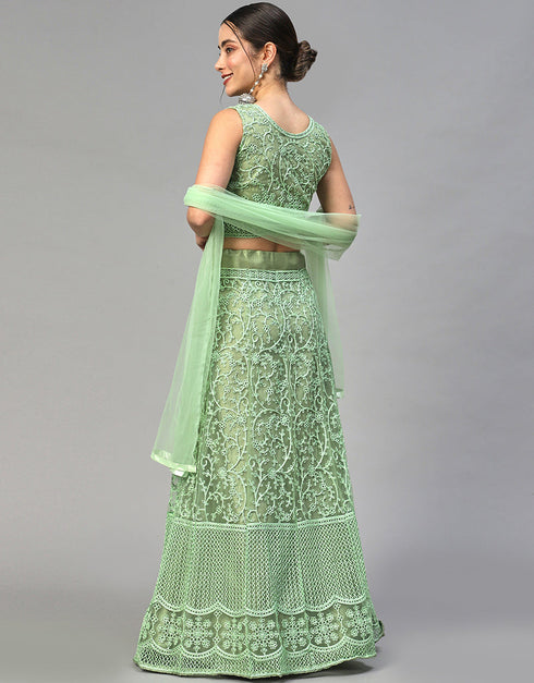 Designer Wedding Wear Heavy Net Lehenga Choli Collection Pista Nylon Net Lehenga Choli Close-up View