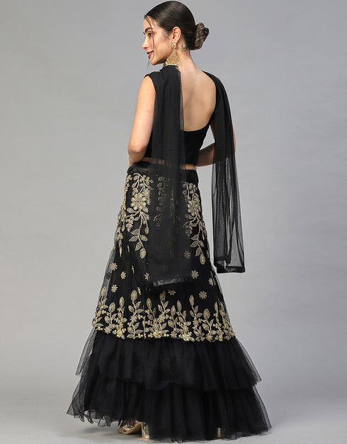 Designer Wedding Wear Heavy Net Lehenga Choli Collection Black Nylon Net Lehenga Choli Close-up View