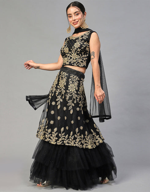 Designer Wedding Wear Heavy Net Lehenga Choli Collection Black Nylon Net Lehenga Choli Back View