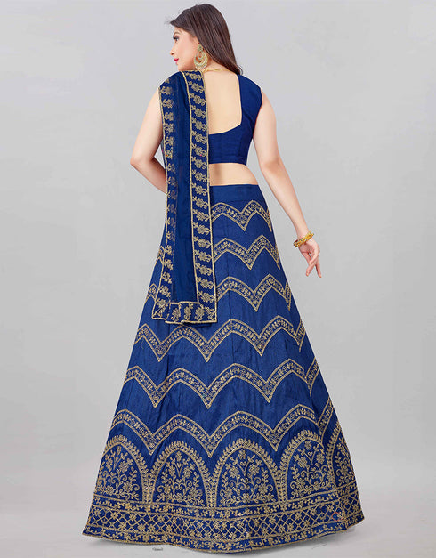 Designer Wedding Wear Heavy Net Lehenga Choli Collection Royal Blue Silk Blend Lehenga Choli Close-up View