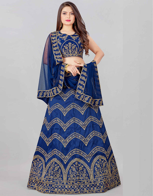 Designer Wedding Wear Heavy Net Lehenga Choli Collection Royal Blue Silk Blend Lehenga Choli Front View