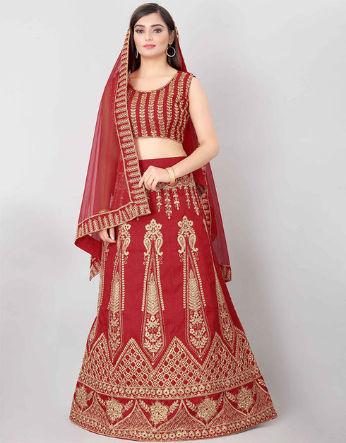 Designer Wedding Wear Heavy Net Lehenga Choli Collection Red Silk Blend Lehenga Choli Front View