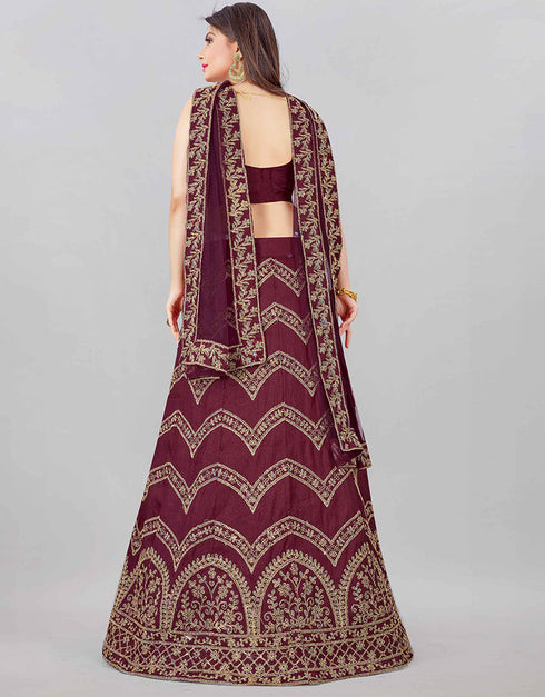 Designer Wedding Wear Heavy Net Lehenga Choli Collection Wine Silk Blend Lehenga Choli Close-up View
