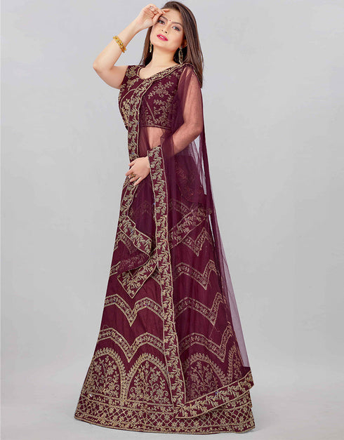 Designer Wedding Wear Heavy Net Lehenga Choli Collection Wine Silk Blend Lehenga Choli Back View