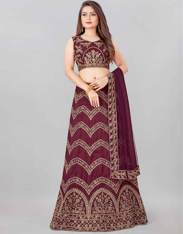 Designer Wedding Wear Heavy Net Lehenga Choli Collection Wine Silk Blend Lehenga Choli Front View