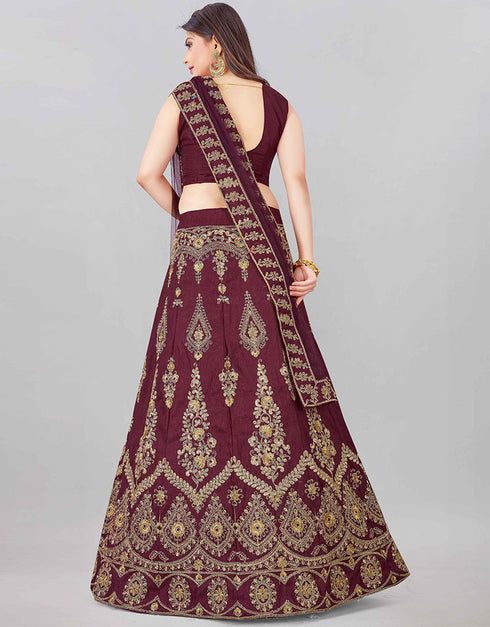 Designer Wedding Wear Heavy Net Lehenga Choli Collection Wine Silk Blend Lehenga Choli Close-up View