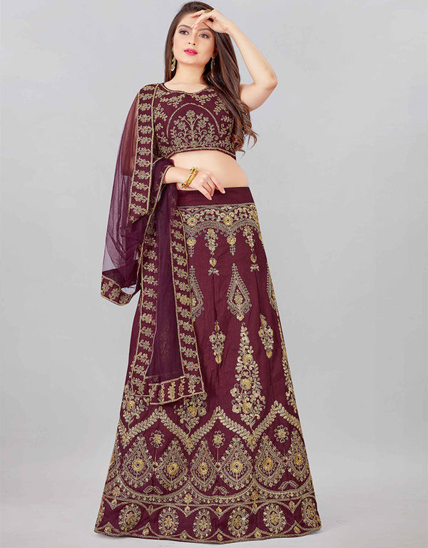 Designer Wedding Wear Heavy Net Lehenga Choli Collection Wine Silk Blend Lehenga Choli Front View