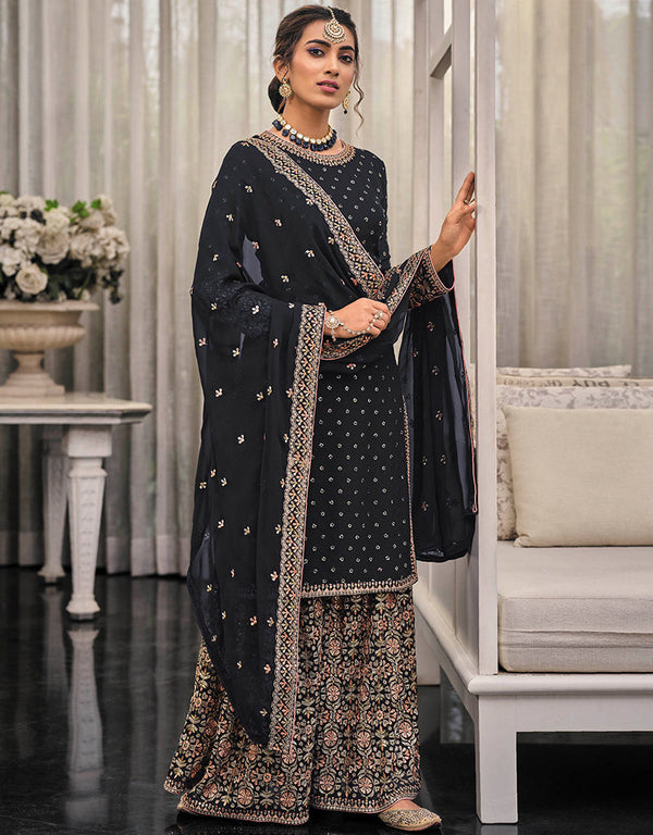 Traditional Function Wear Heavy Fox Georgatte Suit Collection Black Heavy Fox Georgatte Palazzo Straight Front View