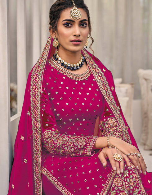 Traditional Function Wear Heavy Fox Georgatte Suit Collection Pink Heavy Fox Georgatte Palazzo Straight Close-up View