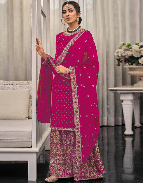 Traditional Function Wear Heavy Fox Georgatte Suit Collection Pink Heavy Fox Georgatte Palazzo Straight Front View