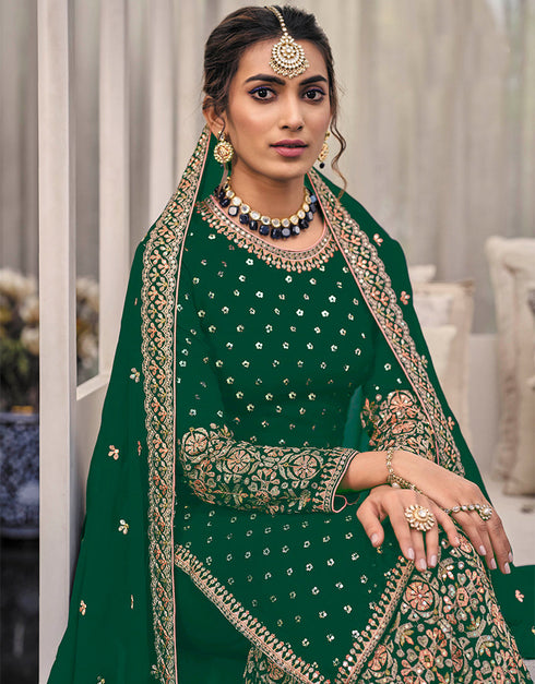 Traditional Function Wear Heavy Fox Georgatte Suit Collection Green Heavy Fox Georgatte Palazzo Straight Close-up View