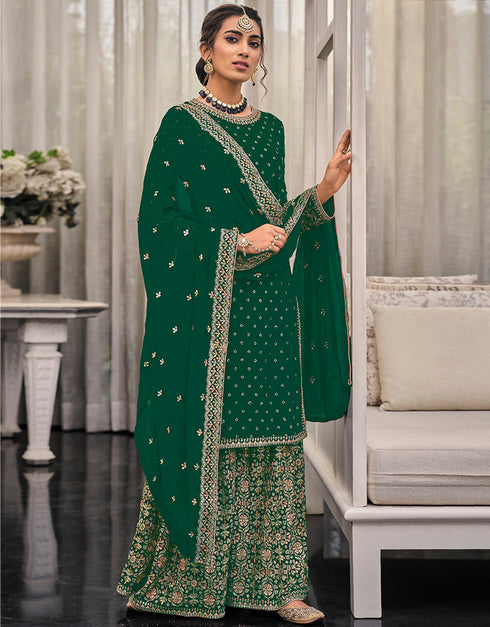 Traditional Function Wear Heavy Fox Georgatte Suit Collection Green Heavy Fox Georgatte Palazzo Straight Front View