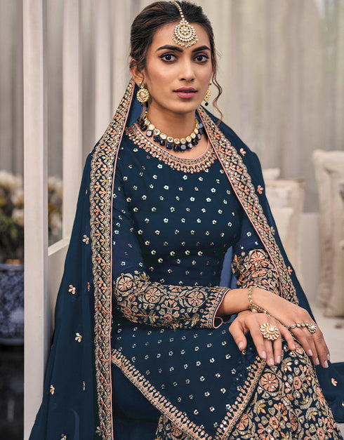 Traditional Function Wear Heavy Fox Georgatte Suit Collection Blue Heavy Fox Georgatte Palazzo Straight Close-up View