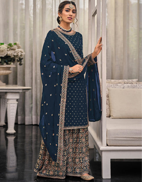Traditional Function Wear Heavy Fox Georgatte Suit Collection Blue Heavy Fox Georgatte Palazzo Straight Front View
