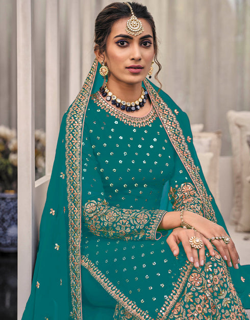 Traditional Function Wear Heavy Fox Georgatte Suit Collection Teal Heavy Fox Georgatte Palazzo Straight Close-up View