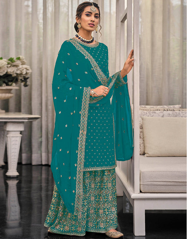 Traditional Function Wear Heavy Fox Georgatte Suit Collection Teal Heavy Fox Georgatte Palazzo Straight Front View
