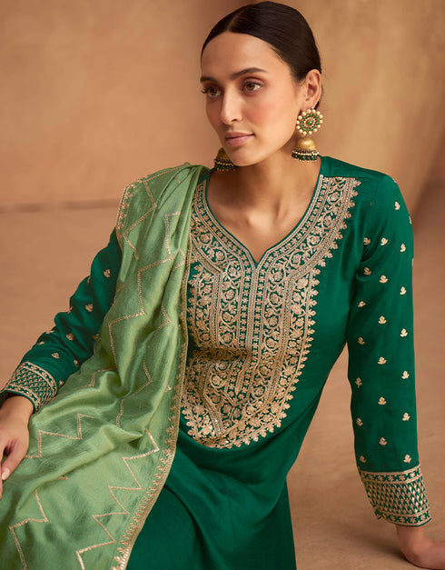 Traditional Function Wear Premium Silk Suit Collection Green Premium Silk Palazzo Straight Close-up View