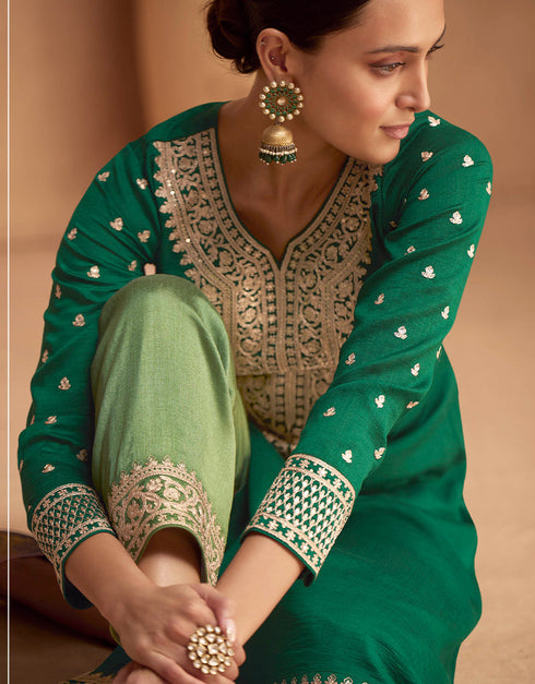 Traditional Function Wear Premium Silk Suit Collection Green Premium Silk Palazzo Straight Back View