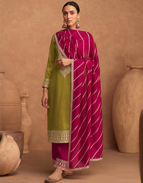 Traditional Function Wear Premium Silk Suit Collection Mehendi Premium Silk Palazzo Straight Close-up View