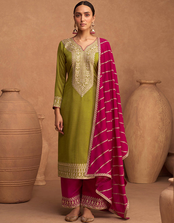 Traditional Function Wear Premium Silk Suit Collection Mehendi Premium Silk Palazzo Straight Front View