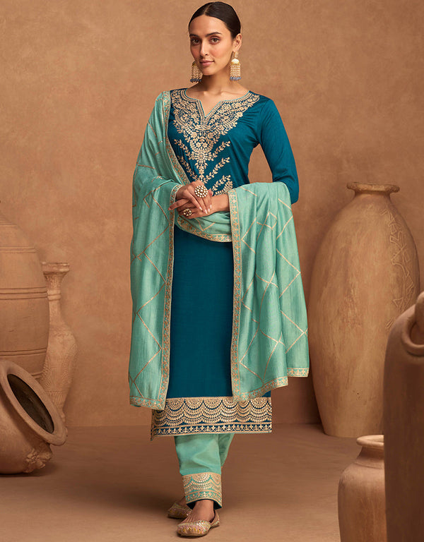 Traditional Function Wear Premium Silk Suit Collection Teal Premium Silk Palazzo Straight Front View