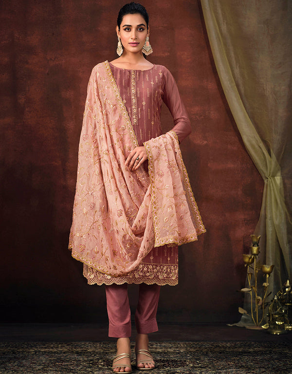 Traditional Function Wear Shimmer Organza Suit Collection Peach Shimmer Organza Pant Straight Front View