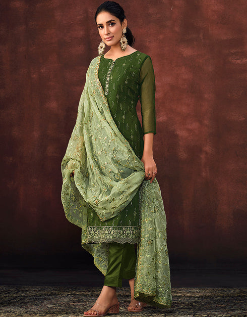 Traditional Function Wear Shimmer Organza Suit Collection Mehendi Shimmer Organza Pant Straight Front View