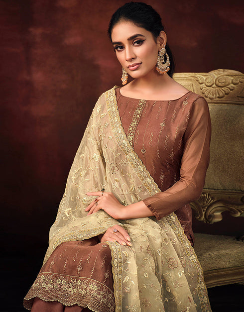 Traditional Function Wear Shimmer Organza Suit Collection Brown Shimmer Organza Pant Straight Close-up View