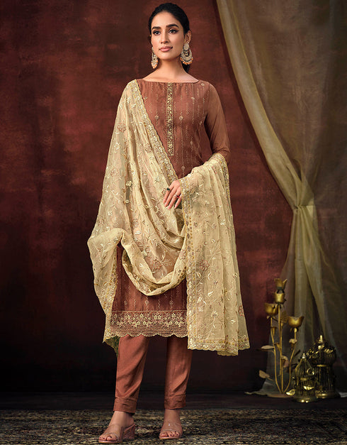 Traditional Function Wear Shimmer Organza Suit Collection Brown Shimmer Organza Pant Straight Front View