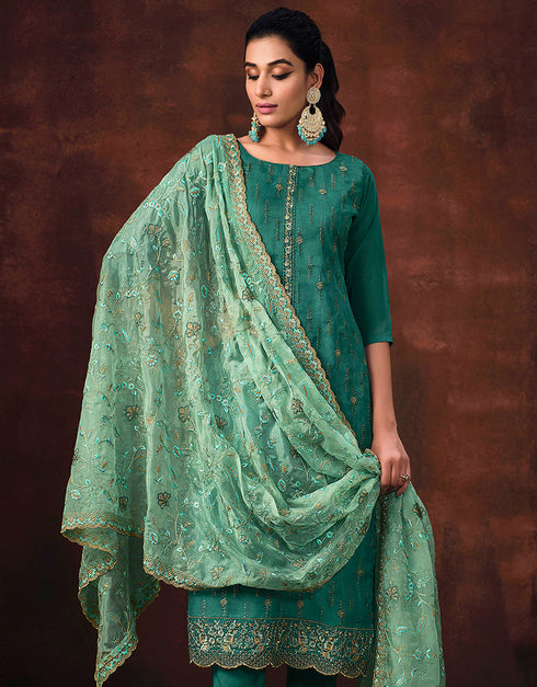 Traditional Function Wear Shimmer Organza Suit Collection Teal Shimmer Organza Pant Straight Back View