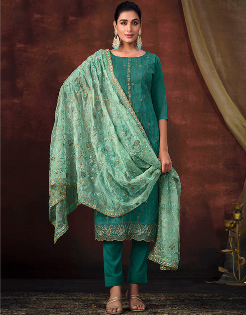 Traditional Function Wear Shimmer Organza Suit Collection Teal Shimmer Organza Pant Straight Front View