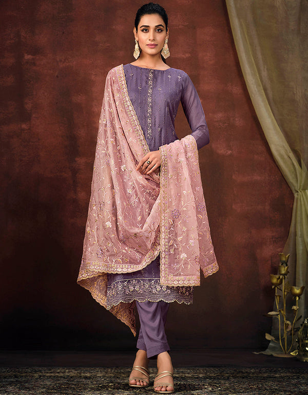 Traditional Function Wear Shimmer Organza Suit Collection Purple Shimmer Organza Pant Straight Front View
