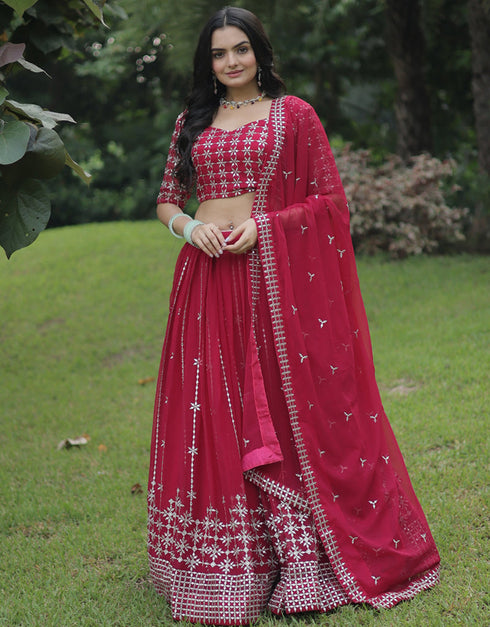 Designer Wedding Wear Faux Blooming Lehenga Choli Collection Rani Pink Faux Blooming Lehenga Choli Front View