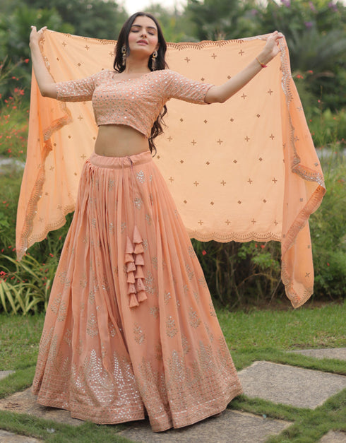 Designer Wedding Wear Faux Blooming Lehenga Choli Collection Peach Faux Georgette Lehenga Choli Close-up View